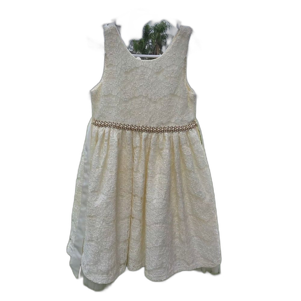 Girls Cream Lace Party Dress with Beaded Waist